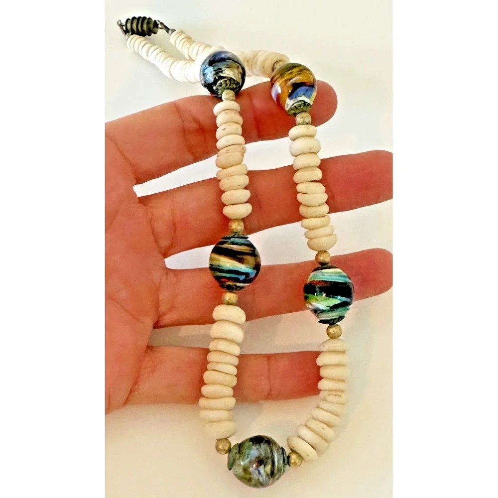 Necklace Murano Bead Swirl Multicolor‎ Off White Stones Chunky Barrel Clasp VTG